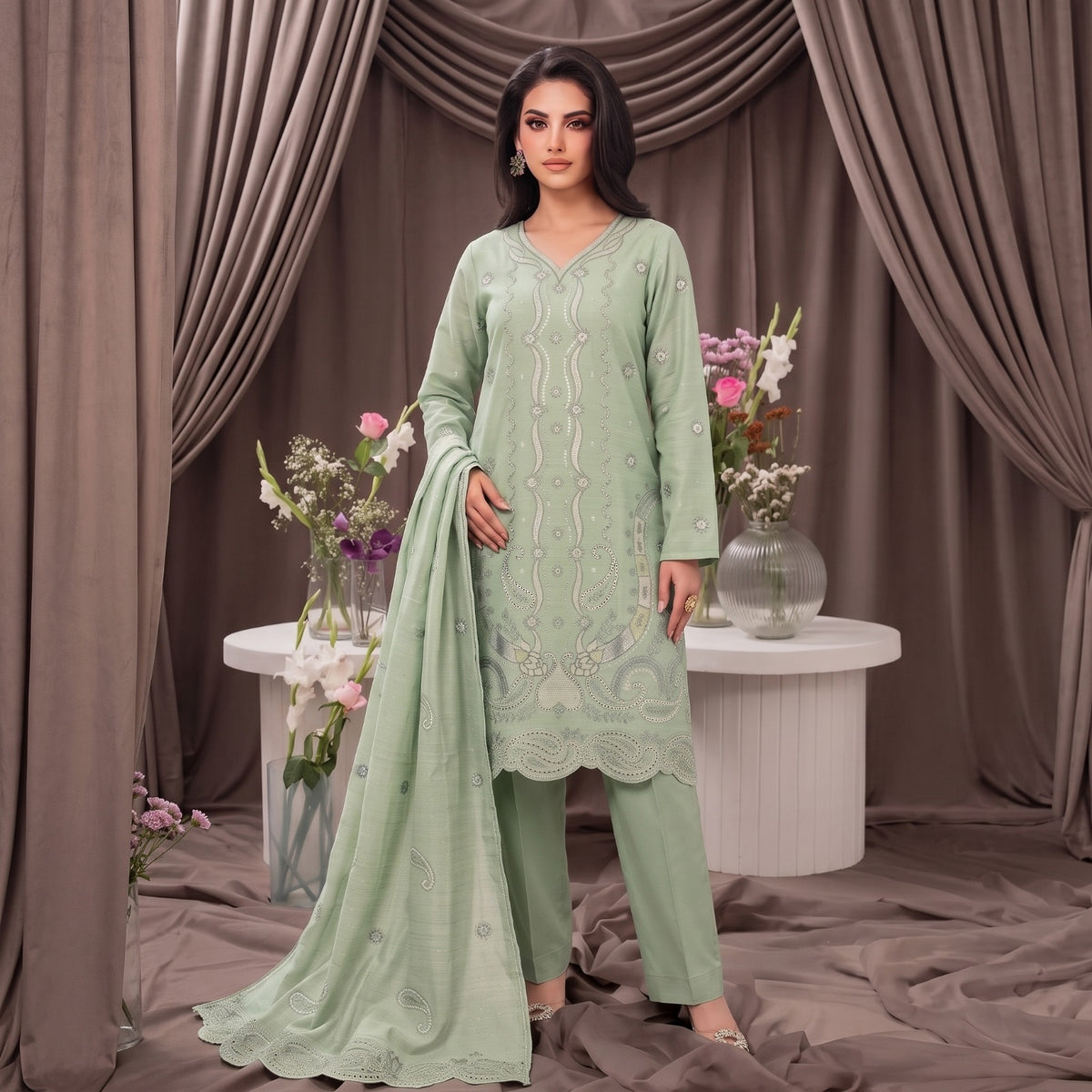 MERAKI FASHION VOL 536 LEATHER PEACH CRYSTAL VELVET HEAVY EMBROIDERED (W02)