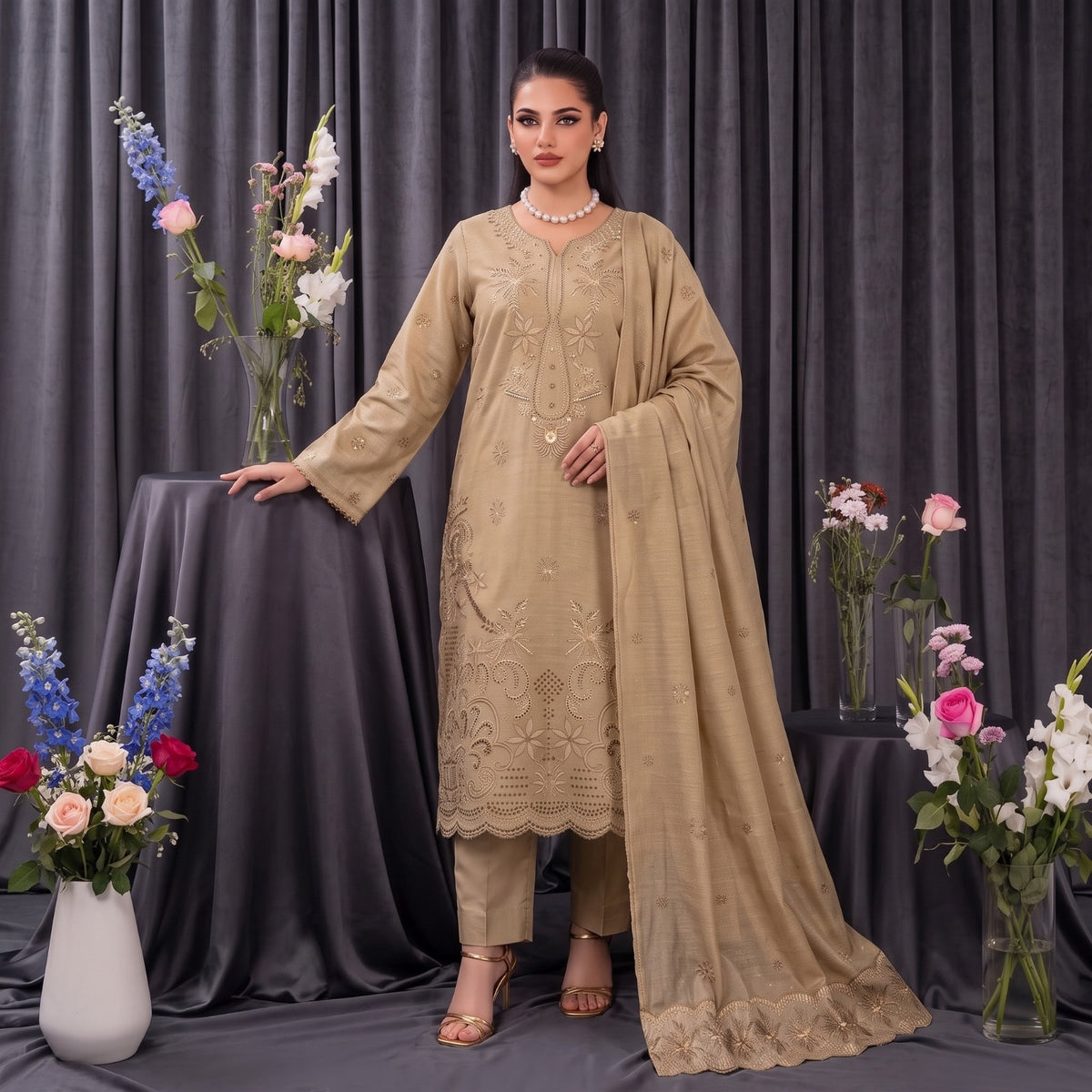 MERAKI FASHION VOL 536 LEATHER PEACH CRYSTAL VELVET HEAVY EMBROIDERED (W01)