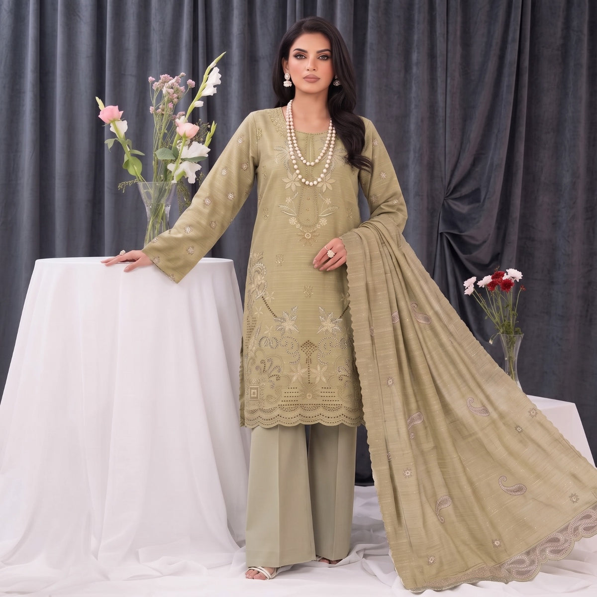 MERAKI FASHION VOL 536 LEATHER PEACH CRYSTAL VELVET HEAVY EMBROIDERED (W04)