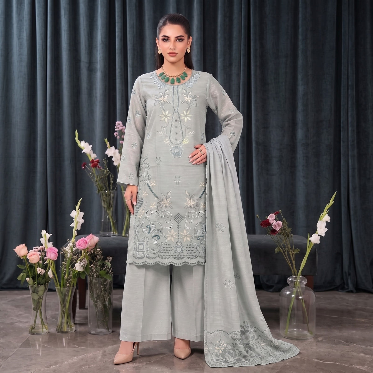 MERAKI FASHION VOL 536 LEATHER PEACH CRYSTAL VELVET  HEAVY EMBROIDERED (W03)