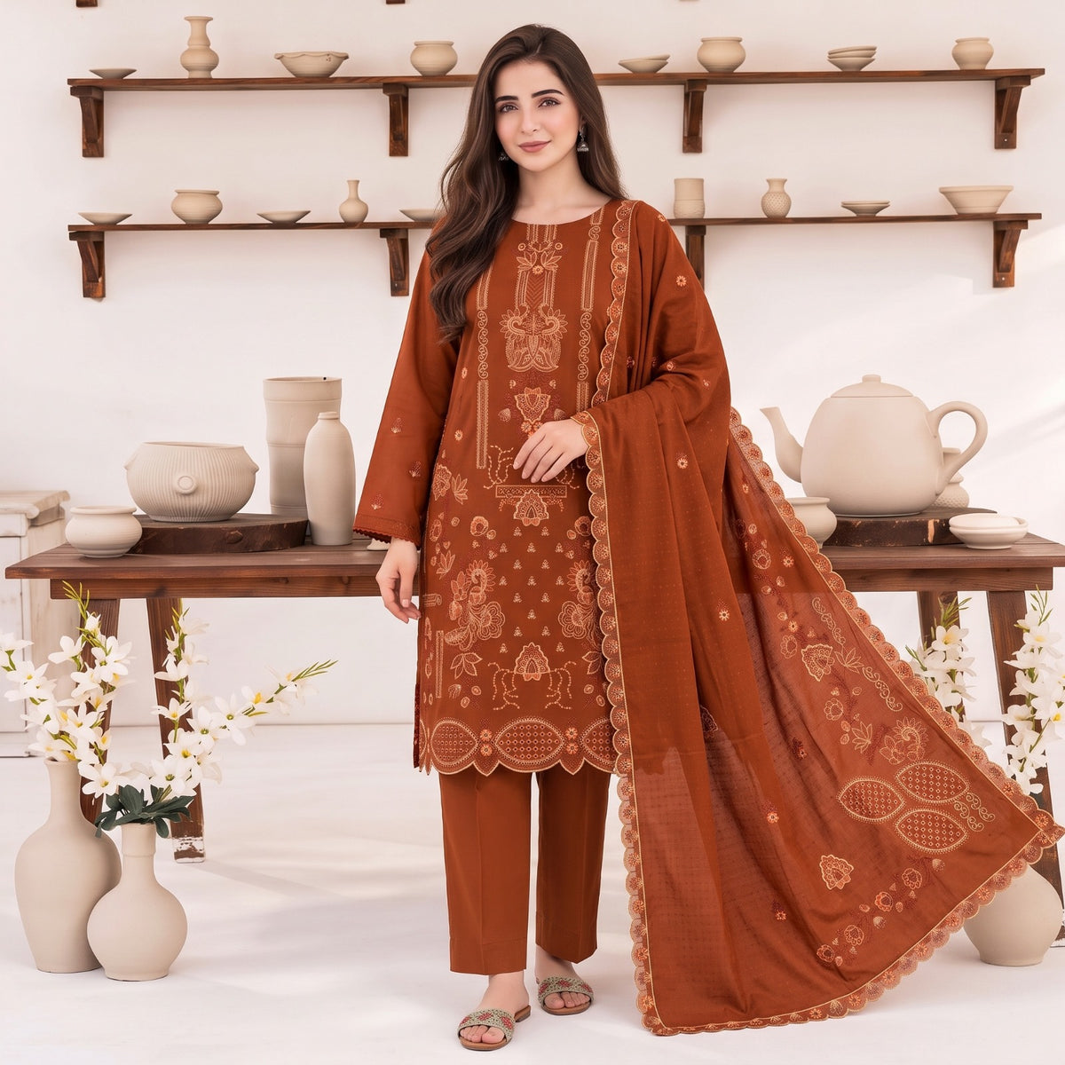 MERAKI FASHION VOL 538  SLUB PEACH WOOL  HEAVY EMBROIDERED (B01)