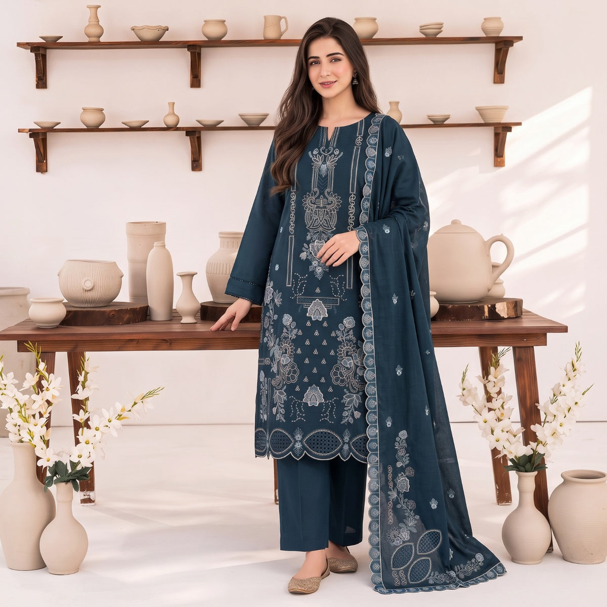 MERAKI FASHION VOL 538  SLUB PEACH WOOL  HEAVY EMBROIDERED (B01)
