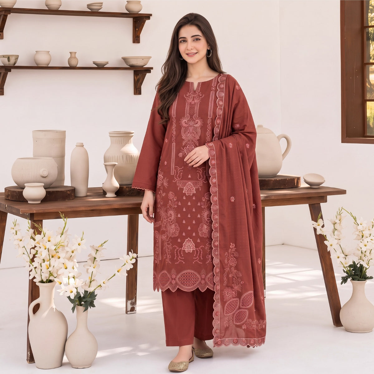 MERAKI FASHION VOL 538  SLUB PEACH WOOL  HEAVY EMBROIDERED (B01)