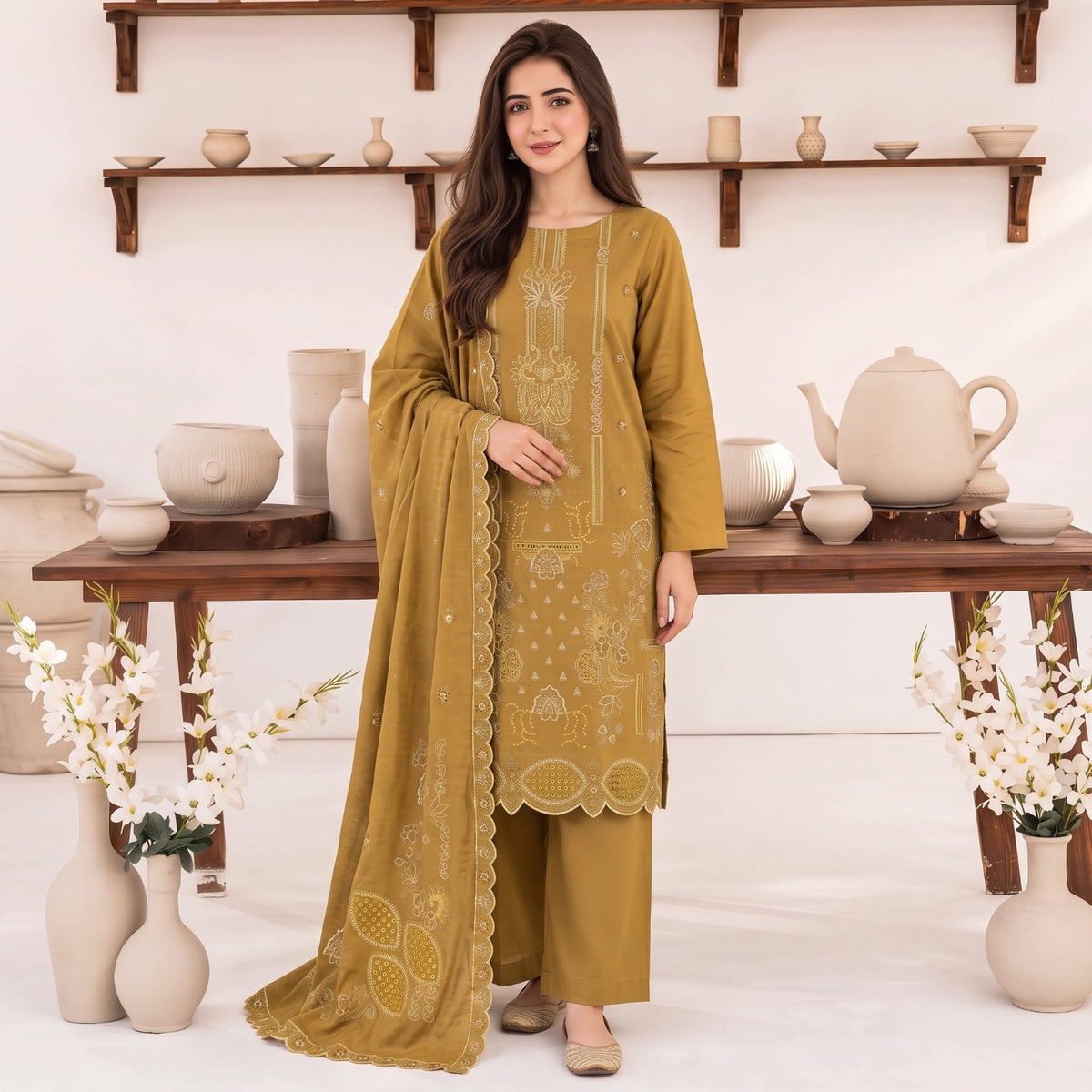 MERAKI FASHION VOL 538  SLUB PEACH WOOL  HEAVY EMBROIDERED (B01)